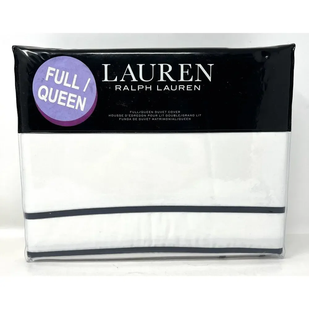 Ralph Lauren Spencer Border Sateen Full/Queen Duvet Cover NAVY White Blue NIP